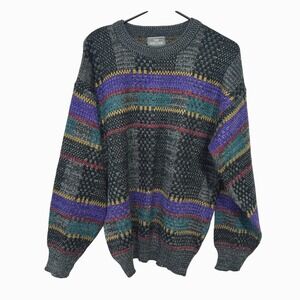 VTG 90s Multicolor Striped Knit Sweater Mens‎ L Crewneck Retro Grandpa Pullover